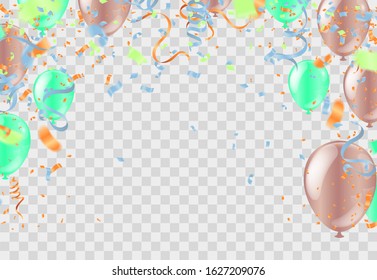 Happy party Birthday with balloons, streamer twisted ribbons. birthday carnival,  