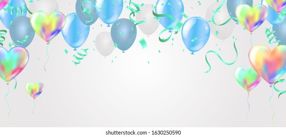 Happy party Birthday with balloons, streamer twisted ribbons. birthday carnival,  