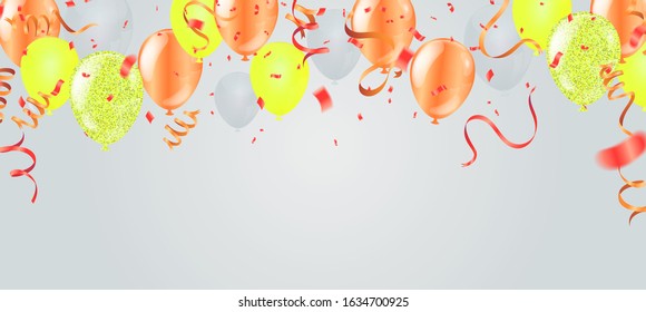 Happy party Birthday with balloons, streamer twisted ribbons. birthday carnival,  