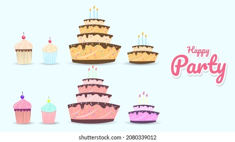 Happy Party with birthday cake and cute decorations isolated on blue background. Vector Illustration EPS 10