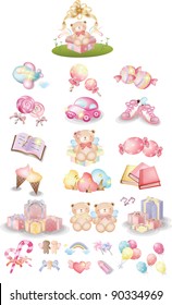 Happy Party for Cute little Baby - joyful pink collection, sweet foods, colorful ornaments and surprised presents on anniversary for lovely kids isolated on white background : vector illustration set