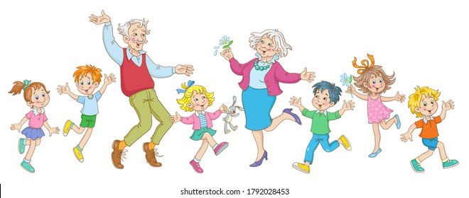 Happy party. Grandfather, grandmother and cheerful children dance together. In cartoon style. Isolated on white background. Vector illustration.