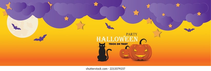 Happy and party Halloween banner background with clouds,bats in paper cut style. Vector illustration. Full moon in the sky, bats and stars. Place for text