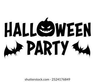 Happy Party vector lettering text with sinister laughing bats and pumpkin silhouette illustrations. Graphic monochrome banner. For Halloween party invitation, poster, decor, sticker.