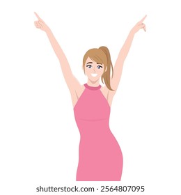Happy party Woman Character with Raised Hand Cheering. Flat vector Character Illustration