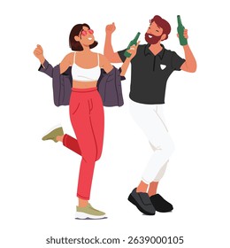 Happy partying man and woman couple cartoon characters dancing enjoying fun disco activity isolated on white background. Joyful time, romantic entertainment, dating and clubbing vector illustration