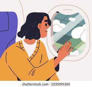 Fröhlicher Passagier aus dem Fenster schauen, Porthole während des Fluges, Reise. Aufgeregt Frau Tourist genießen Blick auf die Erde von oben, sitzen im Flugzeug, Flugzeug. Flache Vektorgrafik.