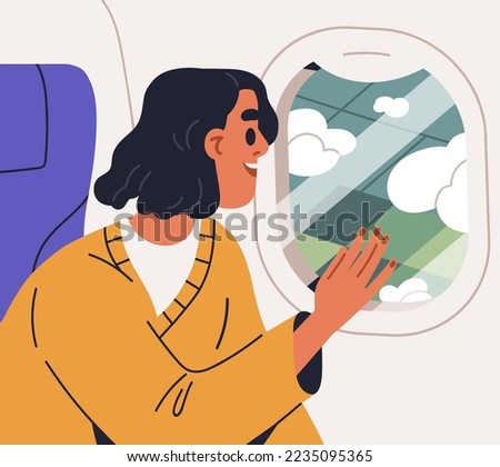 Happy passenger looking out of window, porthole during air plane flight, travel. Excited woman tourist enjoying view on earth from above, sitting in airplane, aircraft. Flat vector illustration.
