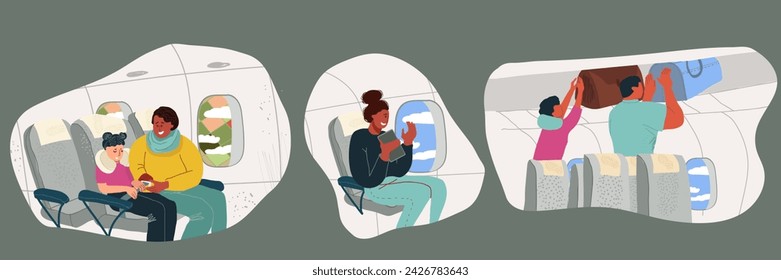 A happy passenger on an airplane is sleeping, a girl, a woman is working at a laptop, sitting at the airplane window, clouds during the flight. Flat hand drawn vector illustration.