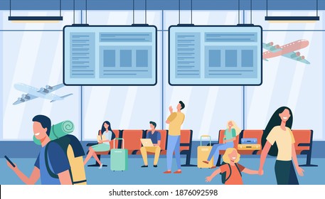 Happy passengers with luggage walking in airport with window and planes taking off outside. Vector illustration for travel, flight, transport, tourism concept
