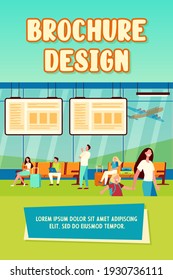 Happy passengers with luggage walking in airport with window and planes taking off outside. Vector illustration for travel, flight, transport, tourism concept