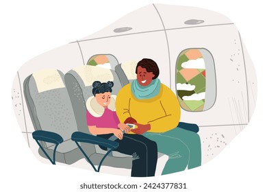 Happy passengers on the plane, mother fastens her child, daughter.
In the airplane window you can see the landscape and clouds during the flight. Flat hand drawn vector illustration.