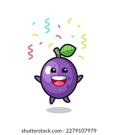 feliz mascota de fruta de la pasión saltando por felicitación con confetti color , diseño de estilo lindo para camiseta, pegatina, elemento logo