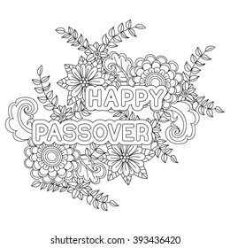 Happy Passover. Background, greeting card, coloring page. Hand drawn flowers on white background. Isolated on white.  Vector illustration.