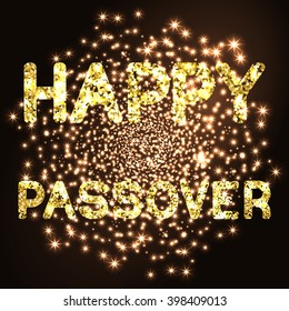 Happy Passover background. Happy Passover in hebrew. Golden letters on black background. Vector illustration.