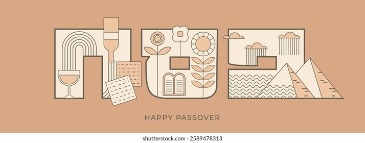 Happy Passover background, horizontal banner, card and poster design. Geometrical trendy line minimalist concept. vector illustration. Passover in Hebrew