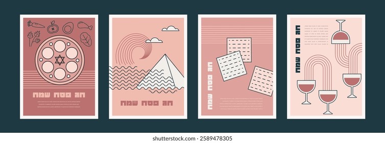 Happy Passover background set, Vertical banners, cards and posters design. Geometrical modern line minimalist concept. vector illustration. happy passover in Hebrew