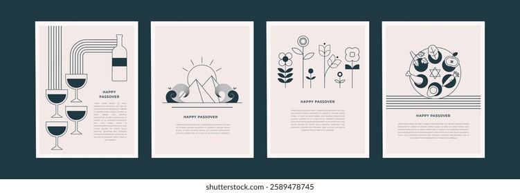 Happy Passover background set, Vertical banners, cards and posters design. Geometrical modern line minimalist concept. vector illustration