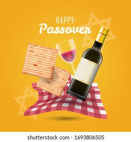 Happy Passover background traditional matzoh and wine