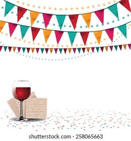 Happy Passover background traditional matzoh and wine EPS 10 vector royalty free stock illustration for greeting card, ad, promotion, poster, flier, blog, article, social media, marketing