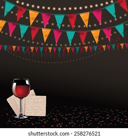 Happy Passover background traditional matzoh and wine EPS 10 vector royalty free stock illustration for greeting card, ad, promotion, poster, flier, blog, article, social media, marketing