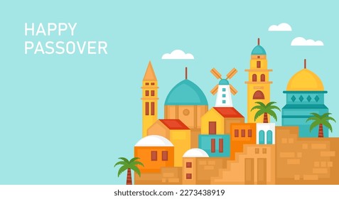 Happy Passover banner design with Jerusalem city skyline. Vector illustration