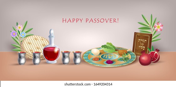 Happy Passover banner greeting card Jewish holiday traditional icons kiddush cup, four wine glass, matzo matzah - jewish traditional bread for Passover seder, pesach plate, candles, Haggadah, vector