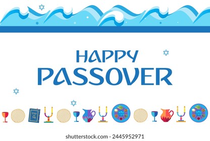 Happy Passover banner greeting card with decorative traditional icons Kiddush cup, four wine glass, matzo matzah Jewish traditional bread for Passover Seder, Pesach plate, candles, Haggadah, vector