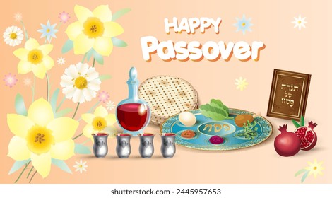 Tarjeta de felicitación del Anuncio de Pascua feliz con los iconos tradicionales decorativos taza de Kiddush, cuatro copas de vino, matzo matzah pan tradicional judío para el séder de Pascua, plato de Pesaj, velas, Hagadá, Vector