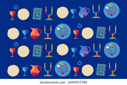 Tarjeta de felicitación del Anuncio de Pascua feliz con los iconos tradicionales decorativos taza de Kiddush, cuatro copas de vino, matzo matzah pan tradicional judío para el séder de Pascua, plato de Pesaj, velas, Hagadá, Vector