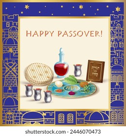 Happy Passover banner greeting card with decorative traditional icons Kiddush cup, four wine glass, matzo matzah Jewish traditional bread for Passover Seder, Pesach plate, vintage Haggadah vector sign