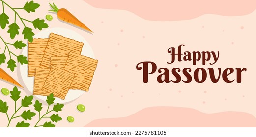 happy passover banner illustration with bread, carrot, and vegetables