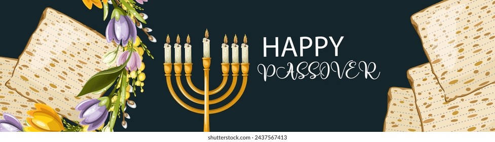 Happy Passover banner matzah menorah. Hand drawing. Vector.
