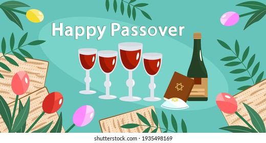 Happy Passover card. Jewish holiday Pesach. Wine and four glasses with wine, matzo, seder, bale, flowers and herbs on a blue background