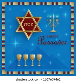 Happy Passover card, festividad de Pessah con bonitos y creativos símbolos jewish y papel dorado cortado estilo en el fondo de color para pesach Jewish Holiday (traducción: Pascua feliz)