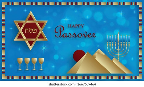 Happy Passover card, the Pessah holiday with nice and creative jewish symbols and gold paper cut style on color background for pesach Jewish holiday (translation : happy Passover)