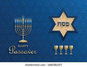 Glückliche Pessach-Karte, der Pessah-Urlaub mit schönen und kreativen jüdischen Symbolen und goldenem Papierschnitt auf Farbhintergrund für jüdischen Urlaub (Übersetzung: Happy Passover)