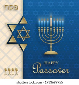 Happy Passover card, the Pessah holiday with nice and creative jewish symbols and gold paper cut style on color background for pesach Jewish holiday (translation : happy Passover)