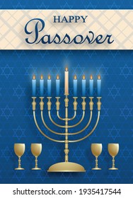 Happy Passover card, the Pessah holiday with nice and creative jewish symbols and gold paper cut style on color background for pesach Jewish holiday (translation : happy Passover)