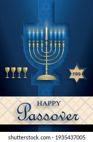 Happy Passover card, the Pessah holiday with nice and creative jewish symbols and gold paper cut style on color background for pesach Jewish holiday (translation : happy Passover)