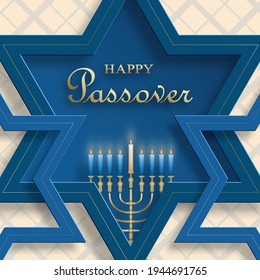 Happy Passover card, the Pessah holiday with nice and creative jewish symbols and gold paper cut style on color background for pesach Jewish holiday (translation : happy Passover)