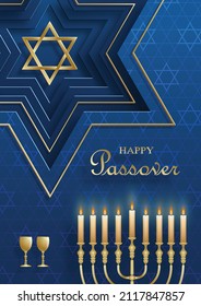 Happy Passover card, the Pessah holiday with nice and creative Jewish symbols and gold paper cut style on color background for pesach Jewish holiday (translation : happy Passover)