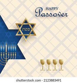 Happy Passover card, the Pessah holiday with nice and creative Jewish symbols and gold paper cut style on color background for pesach Jewish holiday (translation : happy Passover)