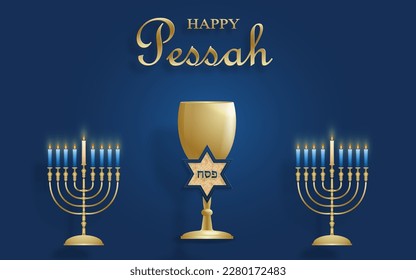 Happy Passover card, the Pessah holiday with nice and creative Jewish symbols and gold paper cut style on color background for pesach Jewish holiday (translation : happy Passover)