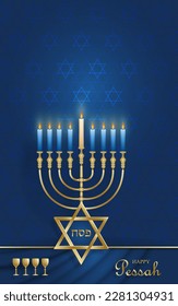 Happy Passover card, the Pessah holiday with nice and creative Jewish symbols and gold paper cut style on color background for pesach Jewish holiday (translation : happy Passover)