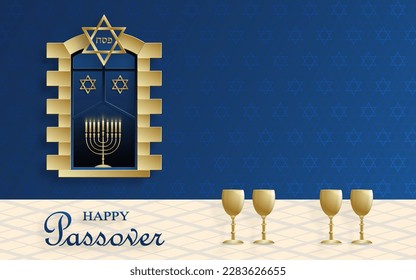 Happy Passover card, the Pessah holiday with nice and creative Jewish symbols and gold paper cut style on color background for pesach Jewish holiday (translation : happy Passover)