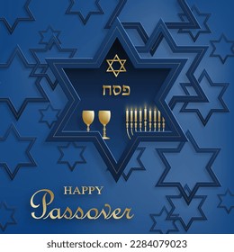 Happy Passover card, the Pessah holiday with nice and creative Jewish symbols and gold paper cut style on color background for pesach Jewish holiday (translation : happy Passover)