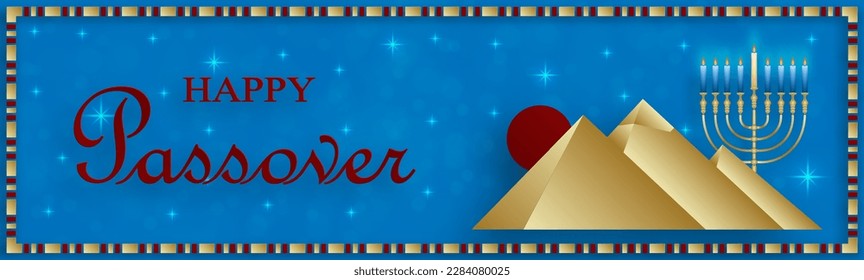 Happy Passover card, the Pessah holiday with nice and creative Jewish symbols and gold paper cut style on color background for pesach Jewish holiday (translation : between the two evenings)