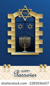 Happy Passover card, the Pessah holiday with nice and creative Jewish symbols and gold paper cut style on color background for pesach Jewish holiday (translation : happy Passover)