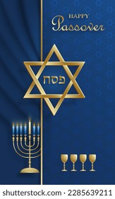 Happy Passover card, the Pessah holiday with nice and creative Jewish symbols and gold paper cut style on color background for pesach Jewish holiday (translation : between the two evenings)